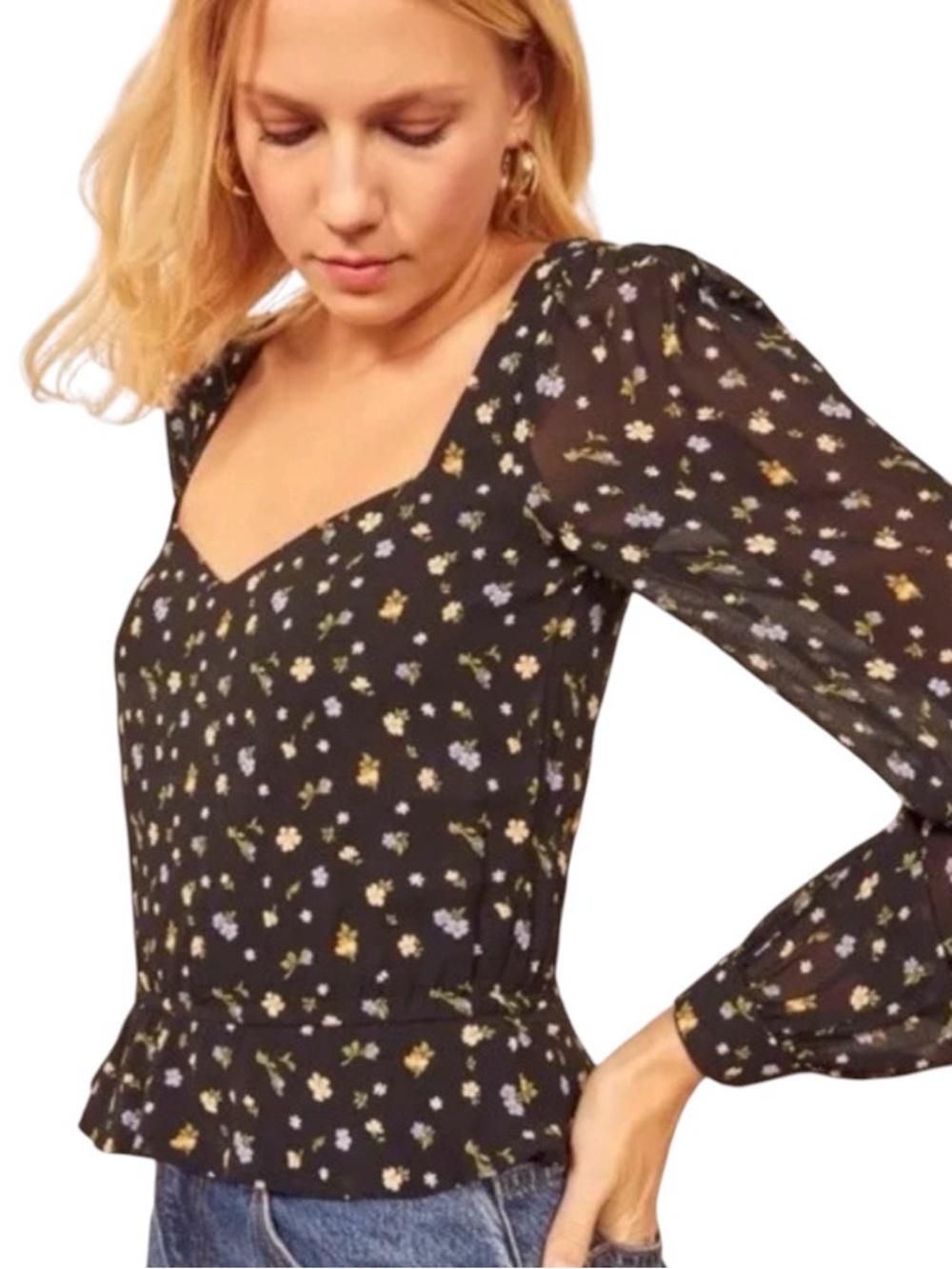 Reformation Black Floral V-Neck Peplum Blouse with Yellow and Lavender Flowers